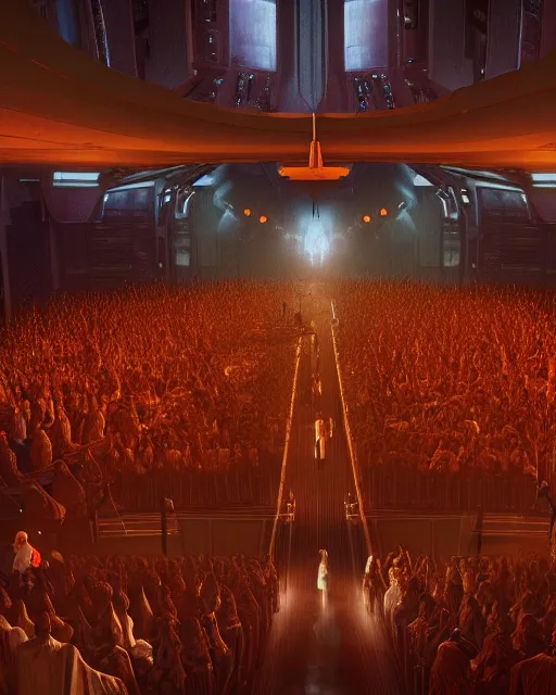 Prompt: scifi movie scene digital matte painting of a crowd in a futuristic church by craig mullins and ghibli, strong contrast, priest, pews, ethereal, inviting, bright, raking light, unreal engine 5, hyper realism, realistic shading, cinematic composition, blender render, octane render, hdr, detailed textures, photorealistic, wide shot