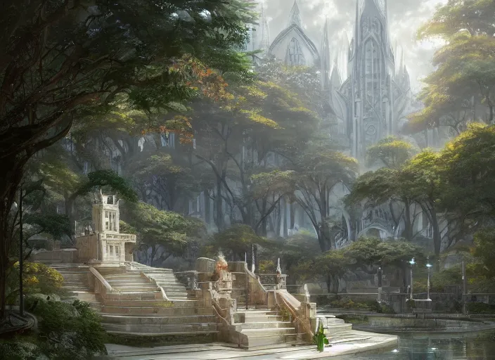 Image similar to A college academy in a beautiful elven city made of white marble, anime, lush trees, fountain, a fantasy digital painting by Greg Rutkowski and James Gurney, trending on Artstation, highly detailed