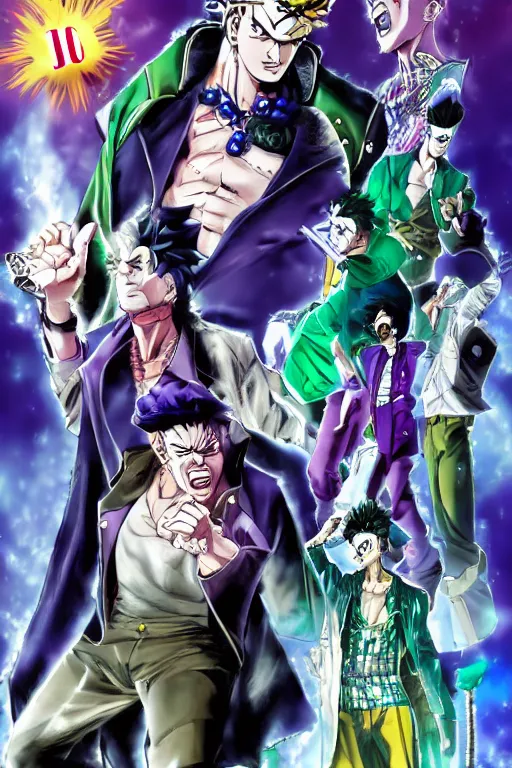 Image similar to jojo's bizarre adventure, jotaro kujo, manga cover, jojolion style, dio, art by keisuke itagaki, modern fashion outfit, tetsuo hara art, sun ken rock art style, boichi art, rohan kishibe, dynamic poses, manga issue