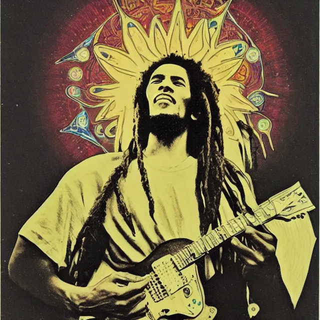 Prompt: polaroid of a vintage record cover by Franklin Booth showing a portrait of Bob Marley as a futuristic space shaman, Alphonse Mucha background, psychedelic art, star map, smoke, sciFi