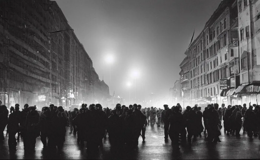 Image similar to 1990s movie still of a yougoslavian street with a large crowd fighting soviet soldiers, with stalinist style highrise, Cinestill 800t 35mm black and white, heavy grainy picture, very detailed, high quality, 4k panoramic, HD criterion, dramatic lightning, streetlight at night, foggy