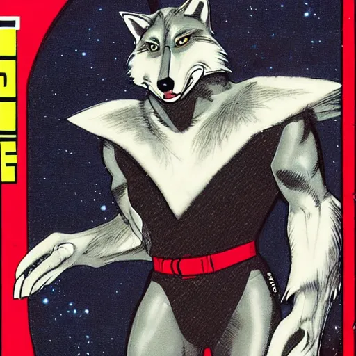 Image similar to 1 9 8 0 s comic book cover scan featuring a portrait of villain male wolf o'donnell anthropomorphic wolf furry fursona from starfox wearing a dark space mercenary uniform, dark grey wolf, handsome eyes, wolf o'donnell