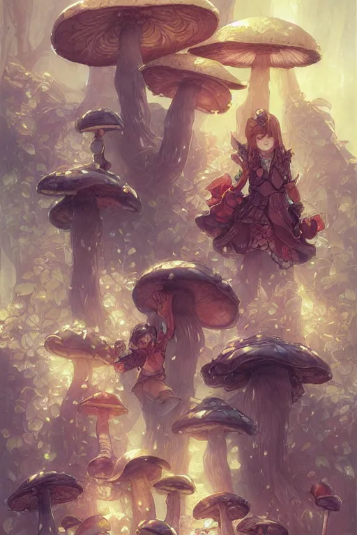 Image similar to mushroom family, manga cover style, D&D, fantasy, highly detailed, digital painting, artstation, concept art, sharp focus, illustration, art by artgerm and greg rutkowski and alphonse mucha