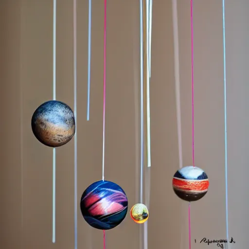 Prompt: a kinetic sculpture of solar system hanging from horizontal line, canon 5 d 5 0 mm lens, papier - mache