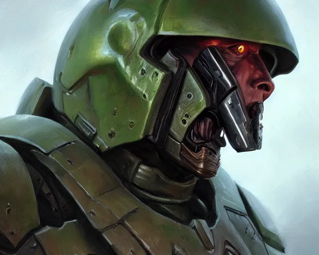 Prompt: oil painting of christopher walken as doomguy, elegant, detailed, fantasy, hd shot, digital portrait, beautiful, artstation, comic style, unreal engine, by artgerm, guy denning, jakub rozalski, magali villeneuve and charlie bowater