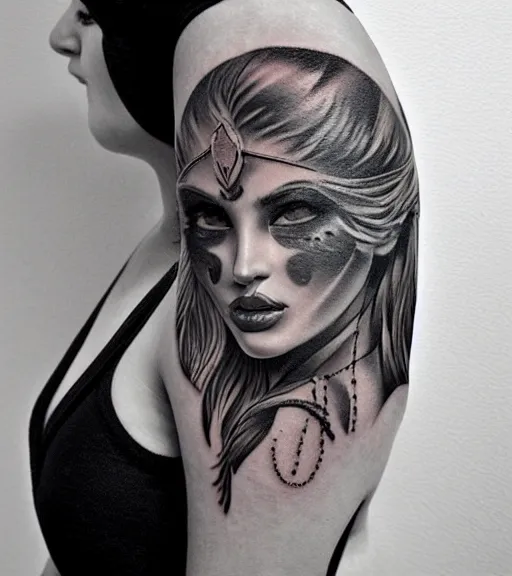 Image similar to tattoo design on white background of a beautiful girl warrior, hyper realistic, realism tattoo, by eliot kohek