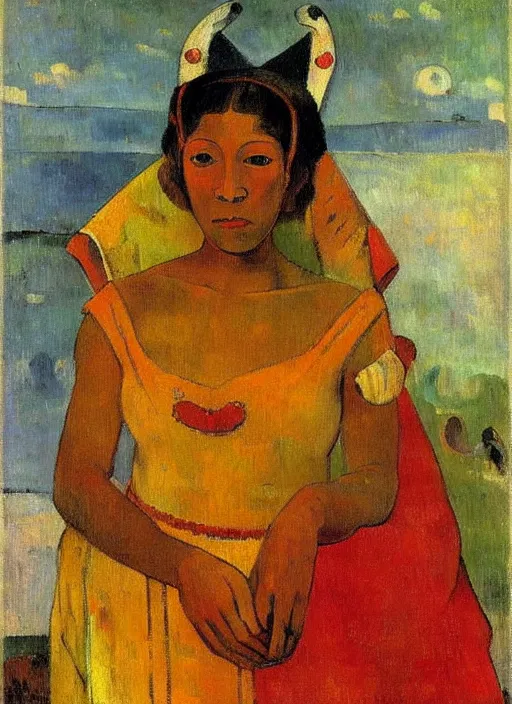 Image similar to portrait of young woman in renaissance dress and renaissance headdress, art by paul gauguin