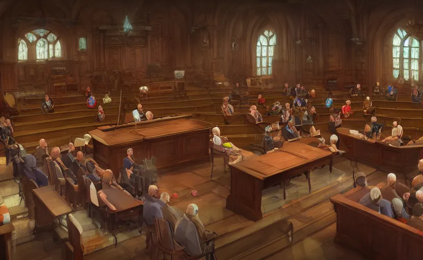 Prompt: the courtroom, in the center is a bald man in a skirt, no blur, 4 k resolution, ultra detailed, style of marc simonetti, tyler edlin, deviantart