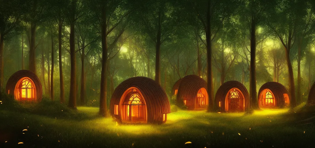 Image similar to beautiful forest, round forest houses with glowing round windows, ray tracing, fireflies, mystical feeling, detailed, digital art