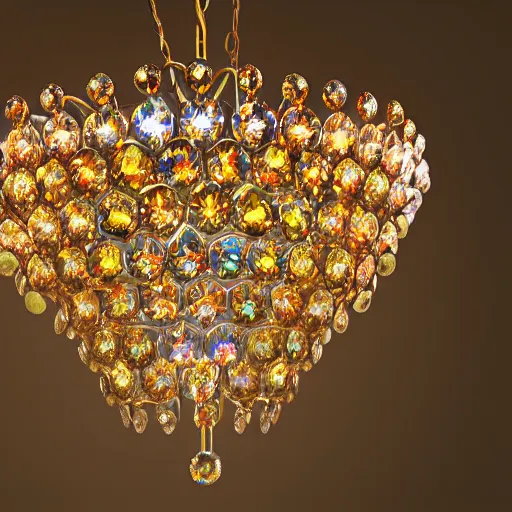 Image similar to complex cristal chandelier with anatomic description , gems, gold, bright colors ultrawide lens, details, studio lighting, realism, complex lights