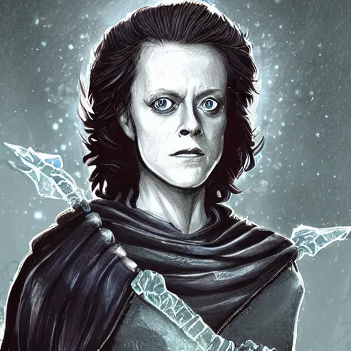 Prompt: young sigourney weaver as a d & d ice warlock, character portrait by wlop