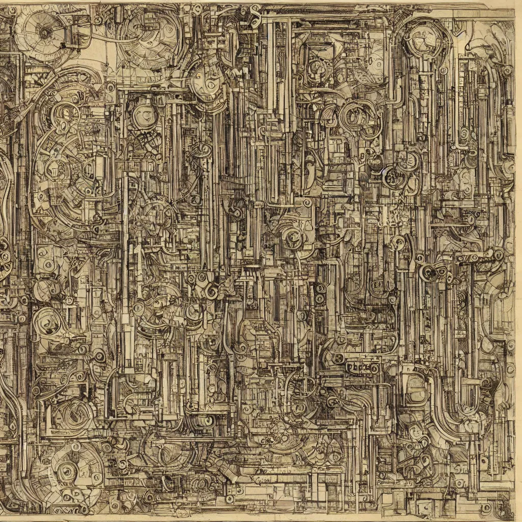 Prompt: close - up on detailed, intricate technical drawings from 1 8 4 0 with extensive written labels and covered in scribbled pencil notes, for a mechanical display attachment to babbage's difference engine, showing a screen playing tetris, beautiful, symmetric, art nouveau