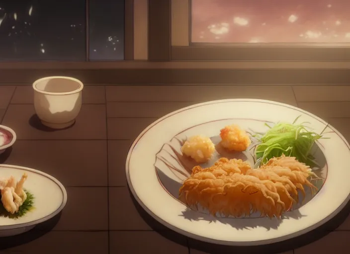 Image similar to a film still portrait of a plate with japanese food tempura, finely detailed features, closeup at the food, perfect art, at a dinner table, gapmoe yandere grimdark, trending on pixiv fanbox, painted by greg rutkowski makoto shinkai takashi takeuchi studio ghibli, akihiko yoshida