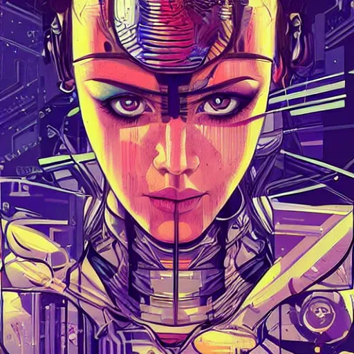 Prompt: female android by (((Dan Mumford))) and Sandra Chevrier
