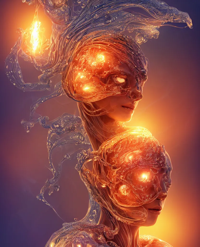 Image similar to close-up macro portrait of the face of a beautiful princess, epic angle and pose, symmetrical artwork, 3d with depth of field, blurred background, cybernetic jellyfish female face skull phoenix bird, translucent, nautilus, energy flows of water and fire. a highly detailed epic cinematic concept art CG render. made in Maya, Blender and Photoshop, octane render, excellent composition, cinematic dystopian brutalist atmosphere, dynamic dramatic cinematic lighting, aesthetic, very inspirational, arthouse. y Greg Rutkowski, Ilya Kuvshinov, WLOP, Stanley Artgerm Lau, Ruan Jia and Fenghua Zhong