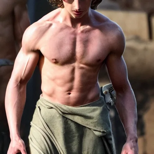 Image similar to first photos of 2 0 2 4 3 0 0 remake - muscular timothy chalamet as leonidas, put on 1 0 0 pounds of muscle, looks different, steroids, hgh, ( eos 5 ds r, iso 1 0 0, f / 8, 1 / 1 2 5, 8 4 mm, postprocessed, crisp face, facial features )