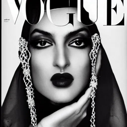 Prompt: a beautiful professional photograph by hamir sardar, herb ritts and ellen von unwerh for the cover of vogue magazine of a beautiful and attractive moroccan female fashion model looking at the camera in a flirtatious way, zeiss 5 0 mm f 1. 8 lens