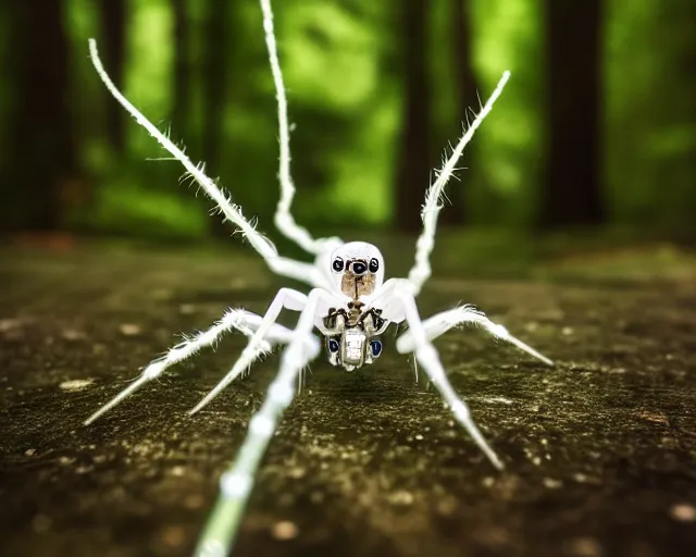 Prompt: photo of a white cyborg spider with biomechanical body and borg enhancements and optical fibers in the forest. cyberpunk horror style. highly detailed 8 k. intricate. nikon d 8 5 0 5 5 mm. award winning photography.