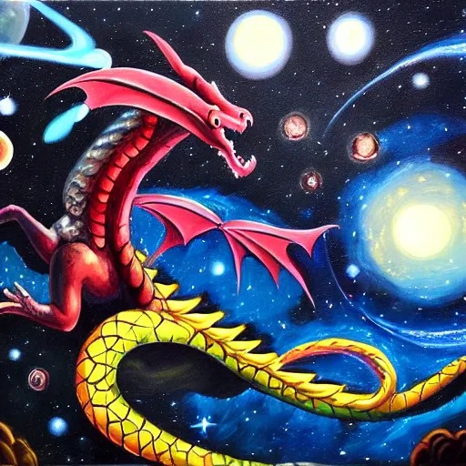 Prompt: dragon in the space, oil painting, trending on art station