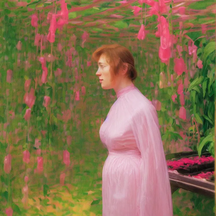 Image similar to closeup portrait of a woman wrapped in pink cellophane, standing in an overgrown greenhouse, color photograph, by edward hopper, canon eos c 3 0 0, ƒ 1. 8, 3 5 mm, 8 k, medium - format print