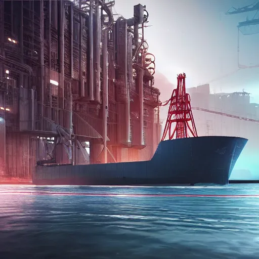 Image similar to photo of Immense industrial futuristic cargo ship arrives at cyber punk city sea port, cinematic lighting, photo