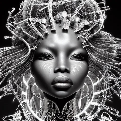 Image similar to portrait of an absurdly beautiful, graceful, sophisticated, fashionable black cyberpunk mechanoid gravure idol, ultrafine hyperdetailed illustration by irakli nadar, alek wek, matt wisniewski style, intricate linework, ebony skin, neon jellyfish headdress, ivory carved ruff, unreal engine 5 highly rendered, global illumination, radiant light, detailed and intricate environment