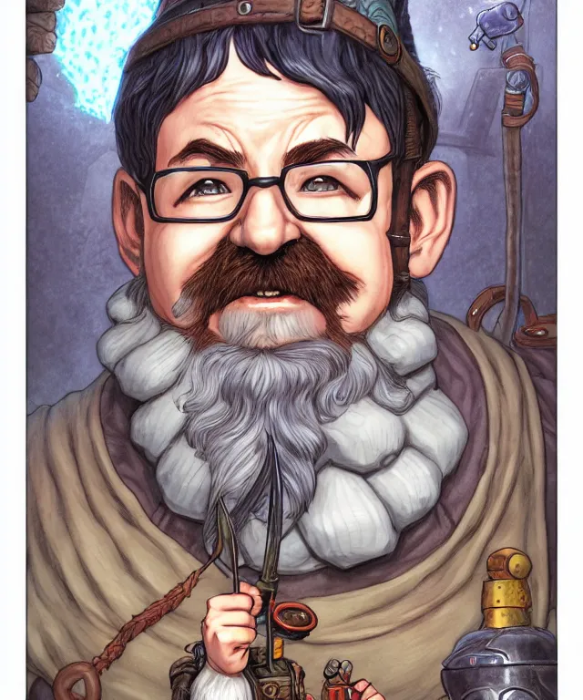 Prompt: a ( fantasy comic ) ( cover art ) portrait of a gnome tinkerer who looks like ( rick moranis ), digital illustration by jenny frison and sana takeda and kentaro miura, fine inking lines, dnd, highly detailed!, hd, 4 k, trending on artstation