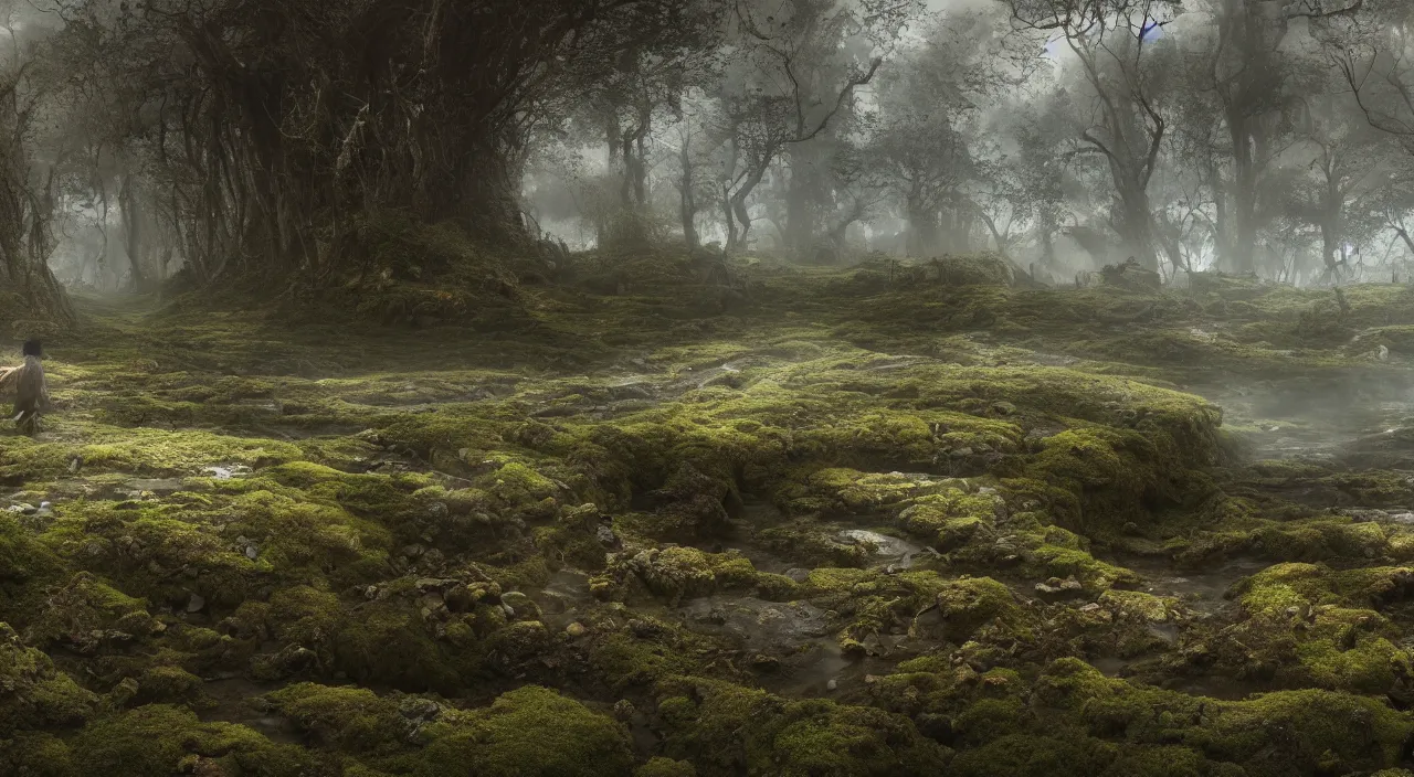 Image similar to Scene of a giant 65 year-old Gaia covered in moss, crying softly and humbly while crossing a dried up river in a panorama of a desolate land, highly-detailed, elegant, dramatic lighting, artstation, 4k, cinematic landscape