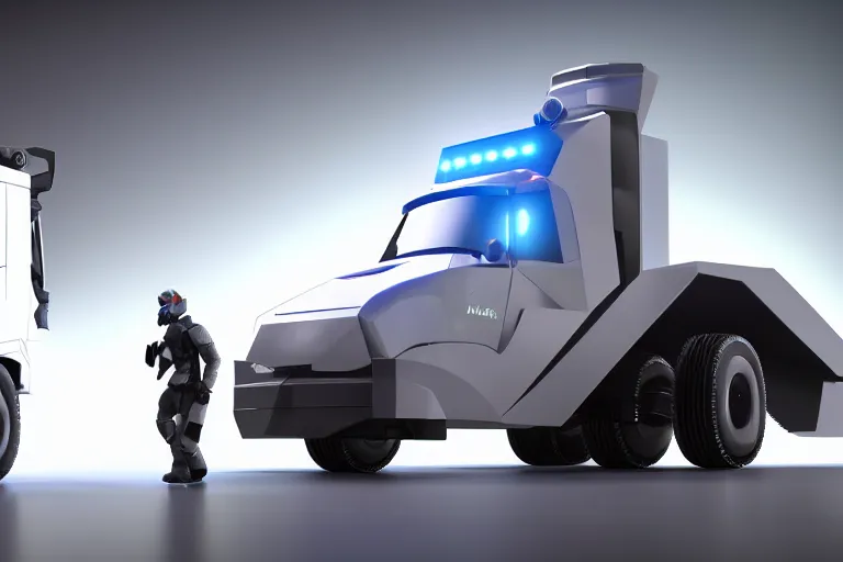 Image similar to still photo of a futuristic remote control truck, highly detailed, photorealistic portrait, bright studio setting, studio lighting, crisp quality and light reflections, unreal engine 5 quality render