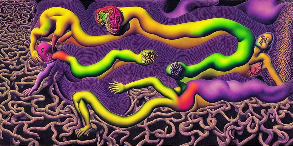 Image similar to basilisk, pain, pleasure, suffering, adventure, alex grey psychedelic dripping color love, abstract oil painting by mc escher tessalation and salvador dali gottfried helnwein