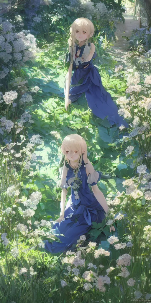 Image similar to a loli with long hair in a dress in the privet garden at after noon, green and warm theme, blue accents, low angle, back lighting, highly detailed, 4 k resolution, trending on art station, by krenz cushart and mucha and akihito yoshida and greg rutkowski and makoto shinkai