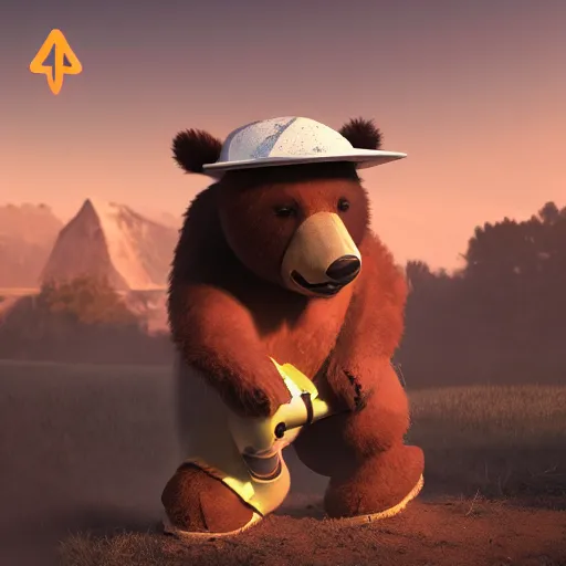 Prompt: dancing bear wearing a hardhat lit by sunlight, comical, hyperrealist octane lighting, trending on artstationhq and cgsociety