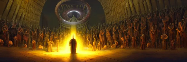 Image similar to a crowd of worshipers praying to a portal to hell, by Michael Whelan, luminous lighting, cinematic, panoramic, aspect ratio 1:3