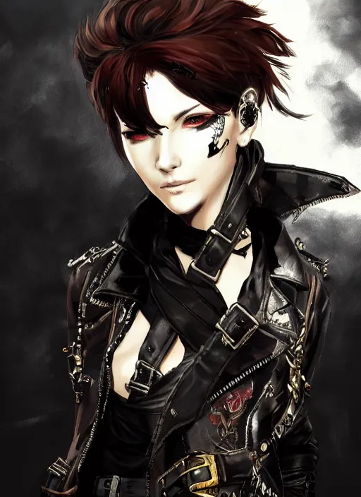 Prompt: Half body portrait of young woman with short hair, eyepatch and ornate leather jacket, pirate attire. In style of Yoji Shinkawa and Hyung-tae Kim, trending on ArtStation, dark fantasy, great composition, concept art, highly detailed, dynamic pose.