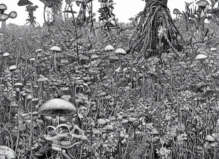 Prompt: surreal line art of a lot of jungle flowers and plants + poison toxic mushrooms surrounded by cables + long grass + broken droid + garden dwarf + mystic fog, no - shadow, 7 0's vintage sci - fi style, by moebius, kim jung gi, hyperrealism, rule of third!!!!, superfine detailed, top view