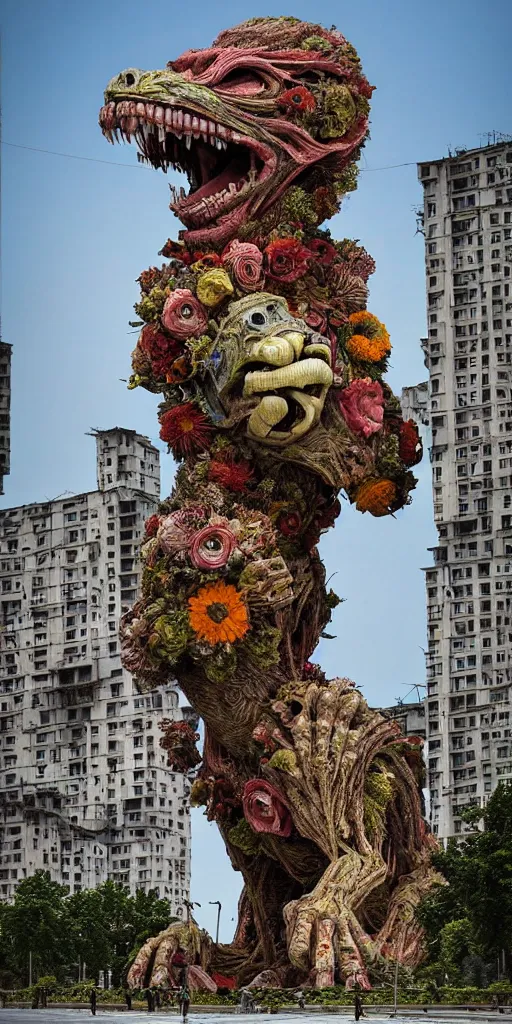 Image similar to colossal grotesque prehistoric alien predator flower made from best unfulfilled mankind projects in the middle of abandoned post soviet constructivist cityscape, Stalinist architecture, ultradetailed, Intricate by Hayao Miyazaki and Josan Gonzalez and Makoto Shinkai and Giuseppe Arcimboldo and Wes Anderson