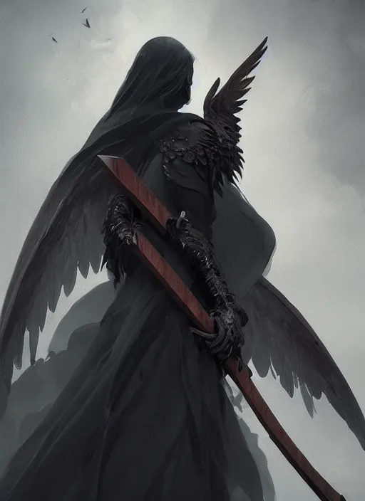 Image similar to a portrait of a beautiful angel of death with black wings holding a large scythe by marco bucci and greg rutkowski, sharp focus, very detailed, cinematic, closeup, trending on artstation, 4 k