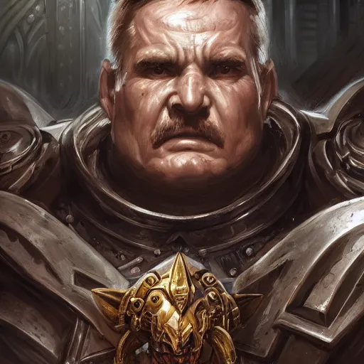 Image similar to Portrait of Warhammer 40k Primarch named Lech Wałęsa, intimidating, strong, Warhammer 40k, brown eyes, dark science fiction, intricate, highly detailed, digital painting, trending on artstation, concept art, slightly smooth, sharp focus, darker colors, RPG rulebook illustration, art by Raymond Swanland