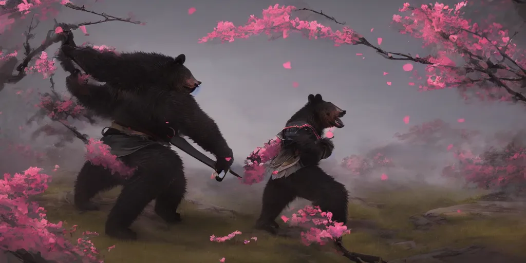 Image similar to an environmental concept art of anthropomorphic asian black bear samurai, samurai duel, sakura petals blowing in the wind, highly detailed, environmental light, cinematic by francis tneh