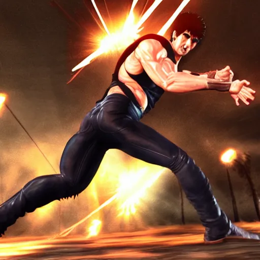 Prompt: Tom Cruise as Kenshiro, detailed digital 3D art, great textures and lighting, action pose, full body in view