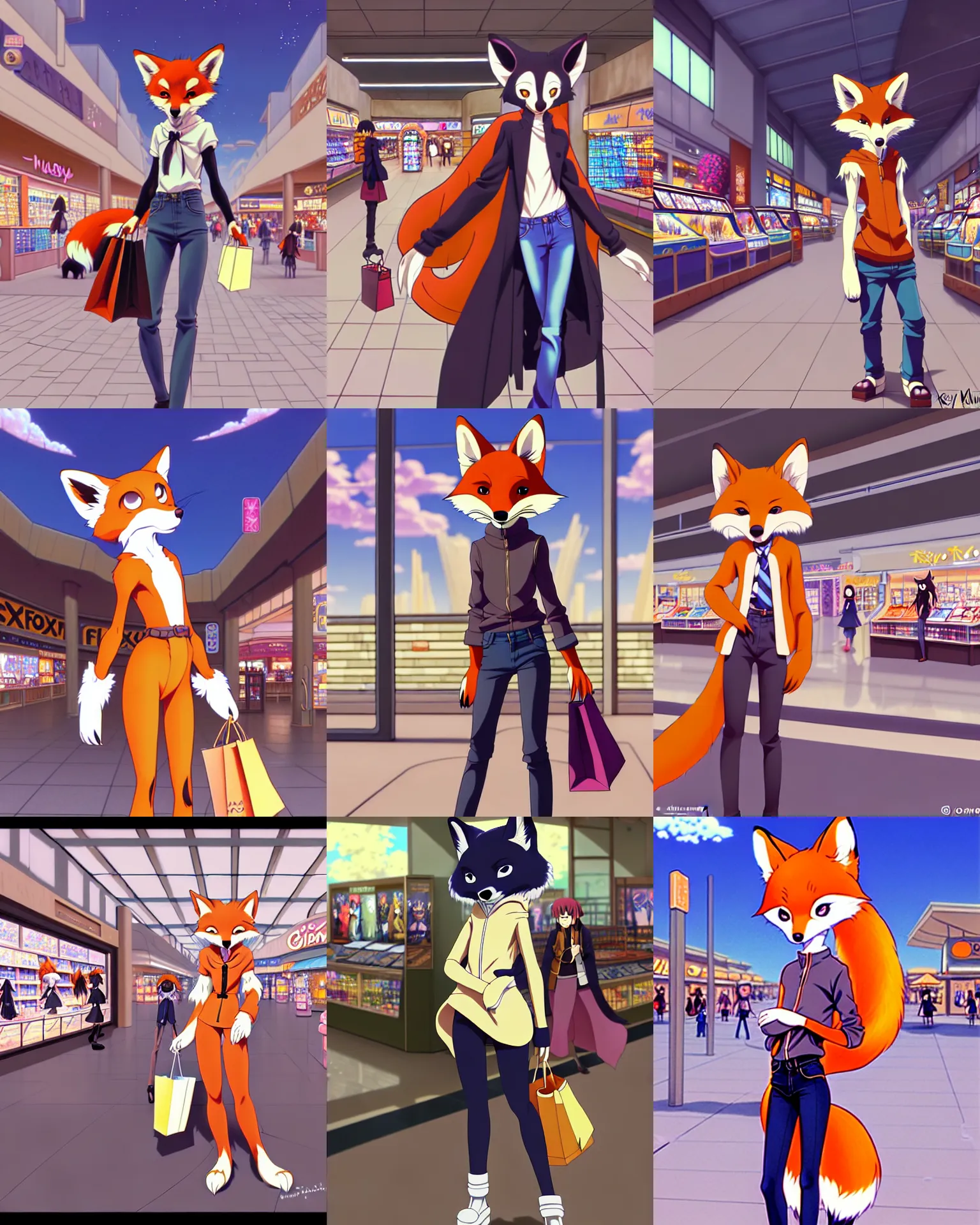 Image similar to anthro art commission of a cute stylish anthropomorphic natural furry fox person shopping at a futuristic mall, photorealistic, detailed key anime art, makoto shinkai, james gurney, don bluth!!, disney!!, hibbary!!, dark natasha, goldenwolf, furaffinity, fursona, greg rutkowski