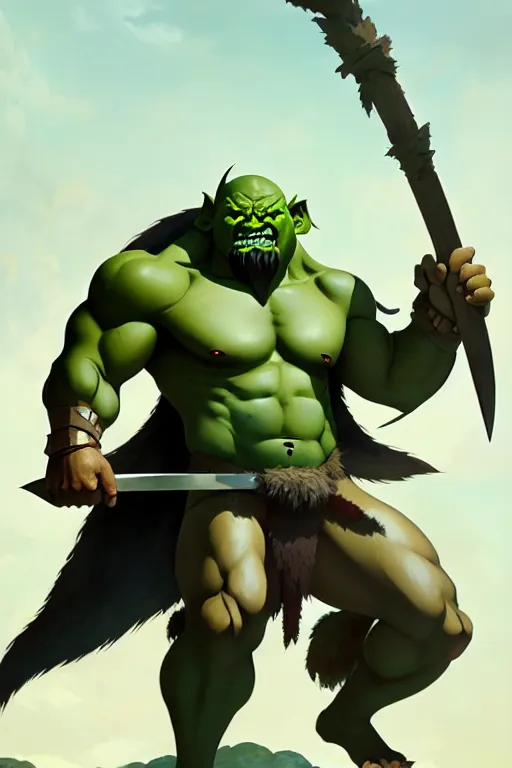 Image similar to orc barbarian male, green skin, exquisite details, big axe, earth magic, mid view, design on a white background, by studio muti, greg rutkowski makoto shinkai takashi takeuchi studio ghibli