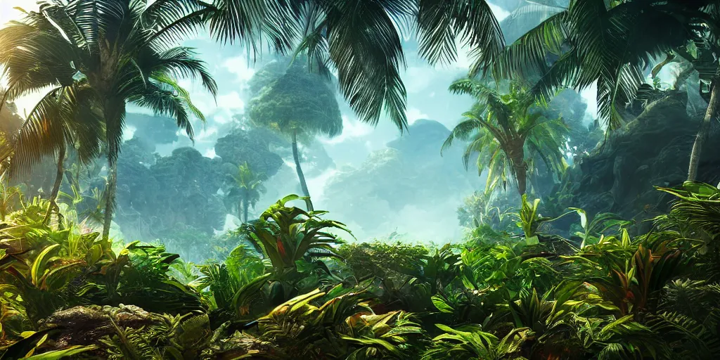 Prompt: Amazing tropical alien landscape, cinematic, dramatic volumetric lighting, epic composition, 8K Ultra HD, high detail, Octane render