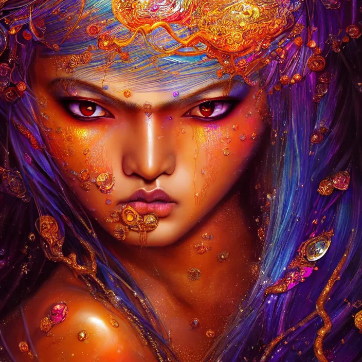 Prompt: ultra detailed illustration of a angry indian anime girl, skin covered in a sea of iridescent liquid, chrome metal material, lost in a dreamy oriental realm by Karol Bak, hiroshi yoshida, Ruan Jia, xsullo, WLOP, colorful, lens distortion, vivid colors, 8k, coherent, anime vibes, uplifting, magical composition, artstation, synthwave, 8k, coherent, artgerm, uplifting, unreal engine, magical composition, artstation