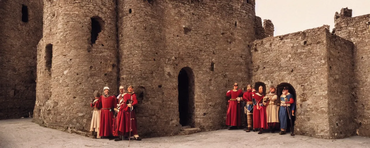 Image similar to a medieval castle with knights protecting a giant mound of spaghetti behind the walls, canon 5 0 mm, super detailed face, facial expression, cinematic lighting, photography, retro, film, kodachrome