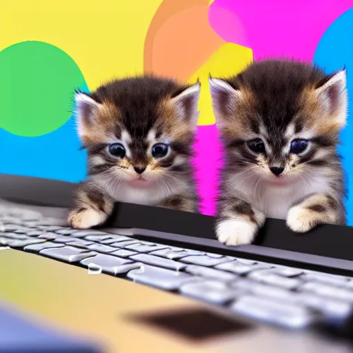 Image similar to hyper realistic photograph of cute fluffy kittens in a keyboard using a laptop with colorful emoticons floating in the air