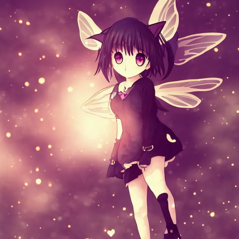 Image similar to cute, full body, female, anime style, a cat girl with fairy wings, large eyes, beautiful lighting, sharp focus, simple background, creative, heart effects, filters applied, symmetrical body, neck cuffs
