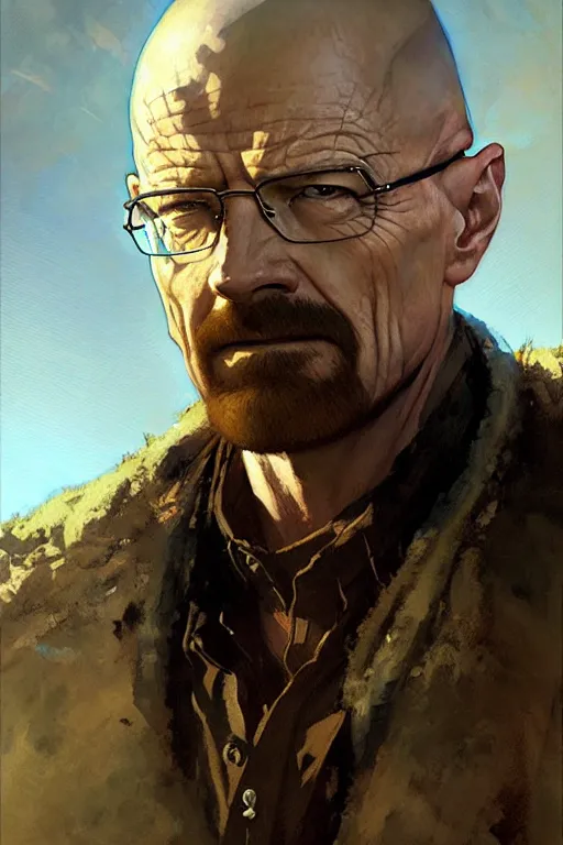 Prompt: walter white portrait dnd, painting by gaston bussiere, craig mullins, greg rutkowski, yoji shinkawa