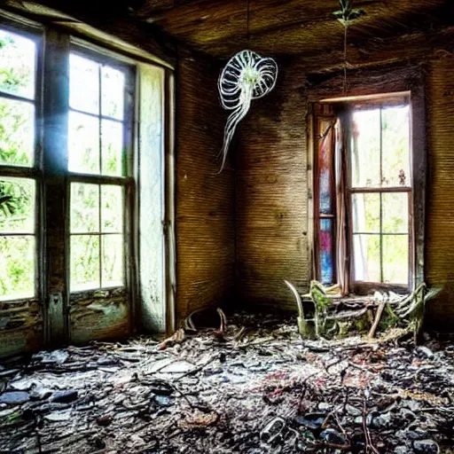 Image similar to abandoned cottage interior filled with iridescent jellyfish