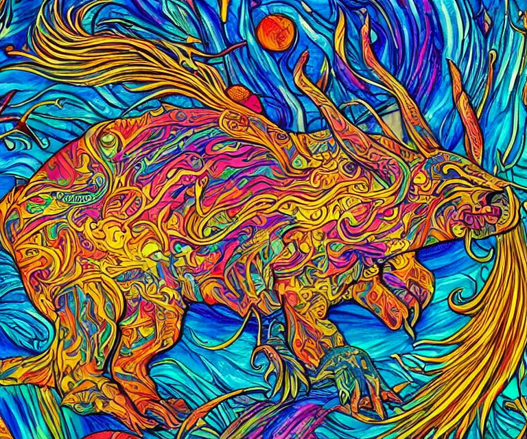 Prompt: the wildest dream, vivid colors, golden hour, psychedelic art, magical creatures, highly detailed, sharp lines